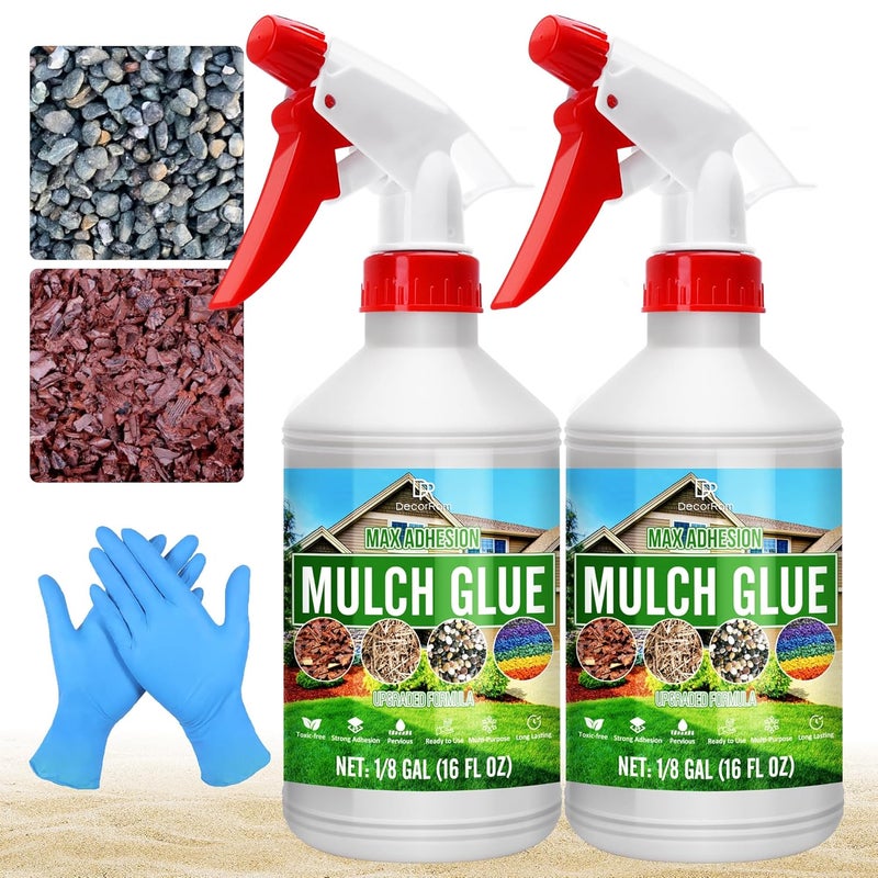 DecorRom Mulch Glue - 32oz Concentrate Gravel Glue, Strong Mulch Lock Landscape Adhesive with Applicator for Landscaping Covers, Garden - Ready to Use Non Toxic Pea Gravel Stabilizer for Patio Rock, Bark - Image 1